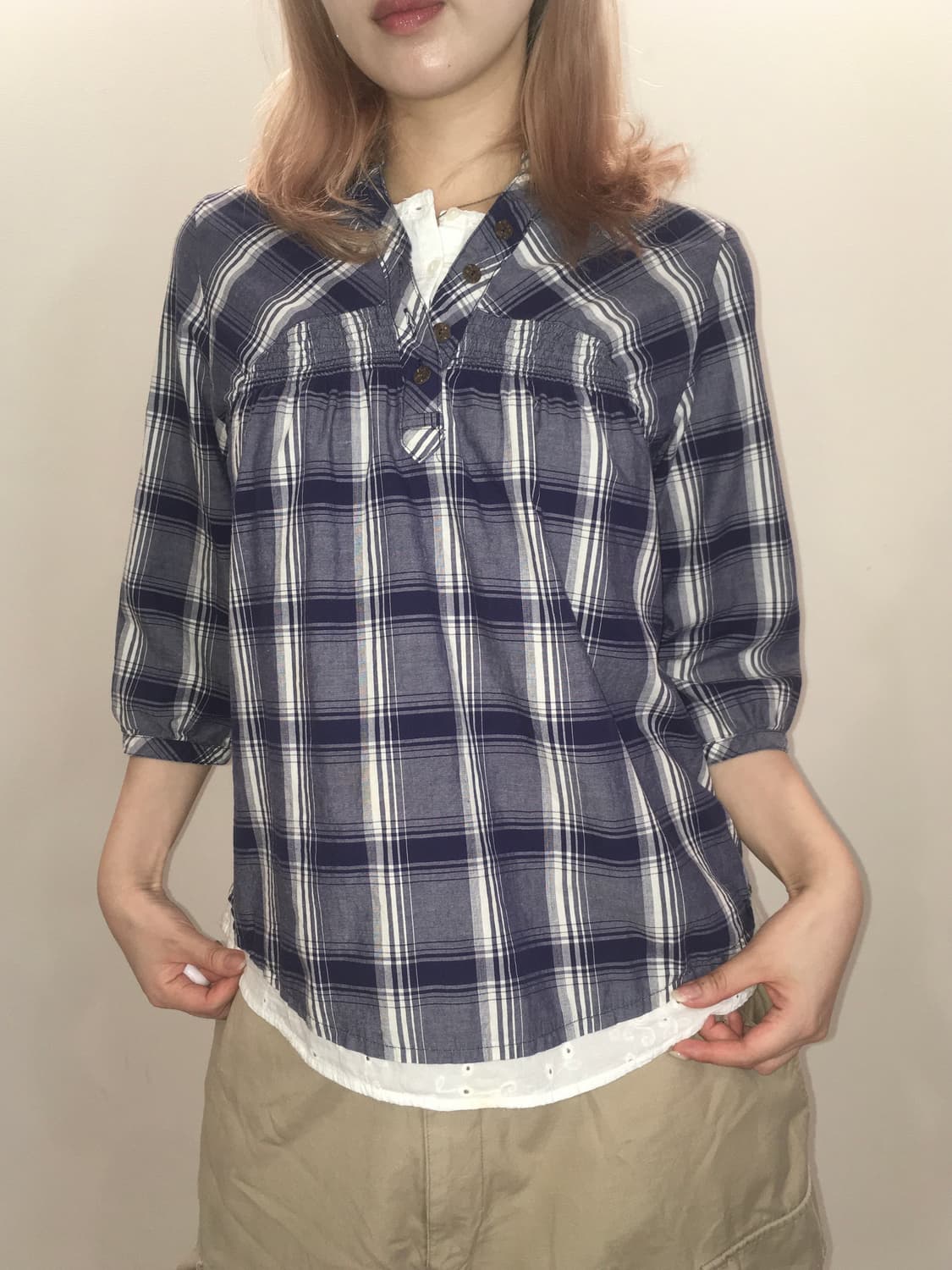 jpn vintage mori check lace shirts 상품이미지5