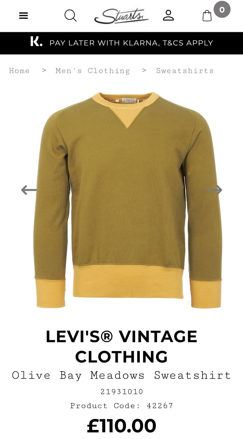 [L] 리바이스 빈티지 클로딩 / 올리브 베이 메도우 스웨트셔츠 맨투맨 상품이미지1