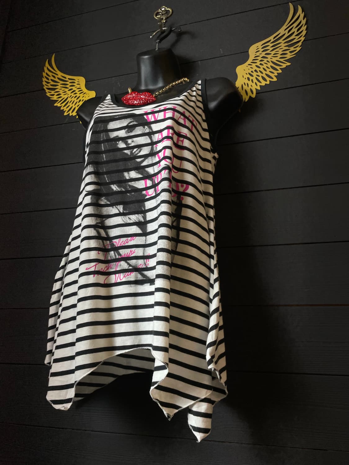 JPN 갸루 스트라이프 줄무늬 플레어 슬리브리스 나시 탑 상품이미지4