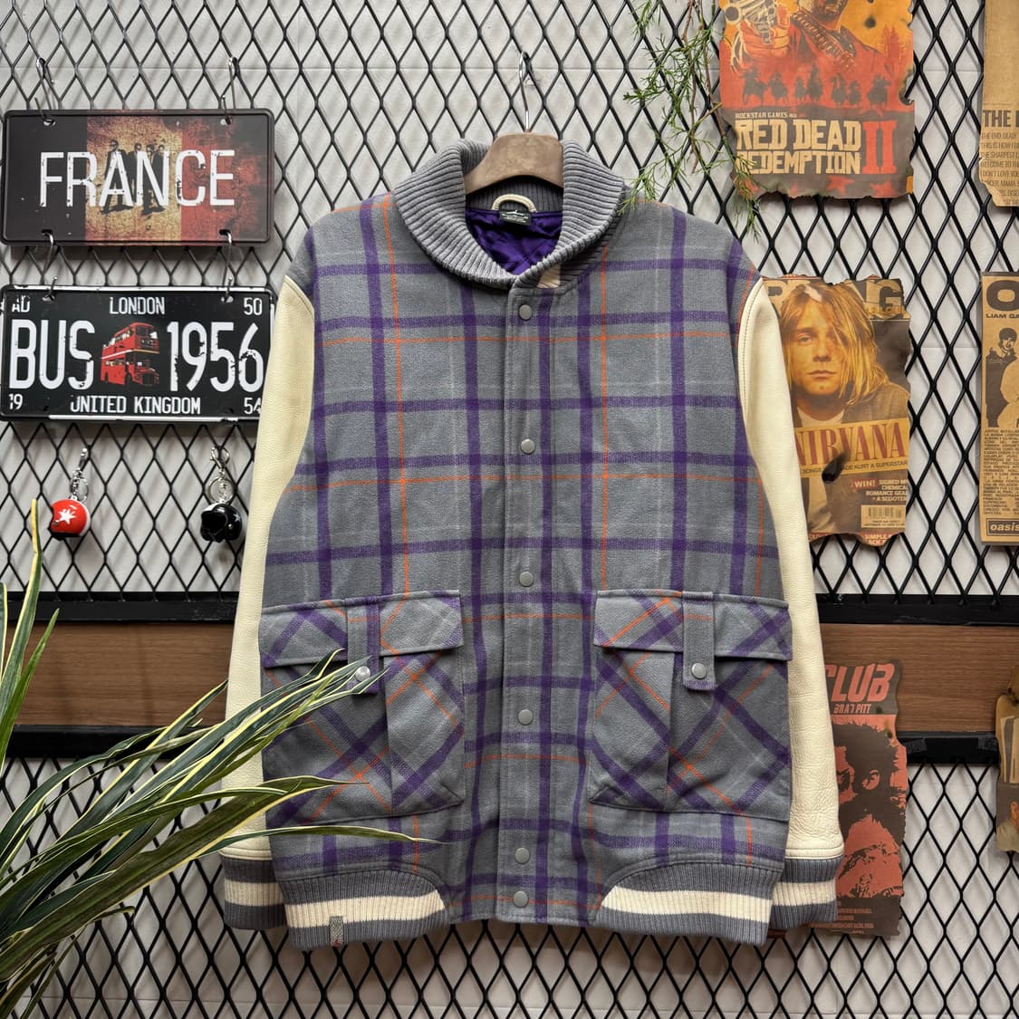 에어조던 울 레더 믹스 스타디움 자켓 체크패턴 그레이 화이트 배색 상품이미지1