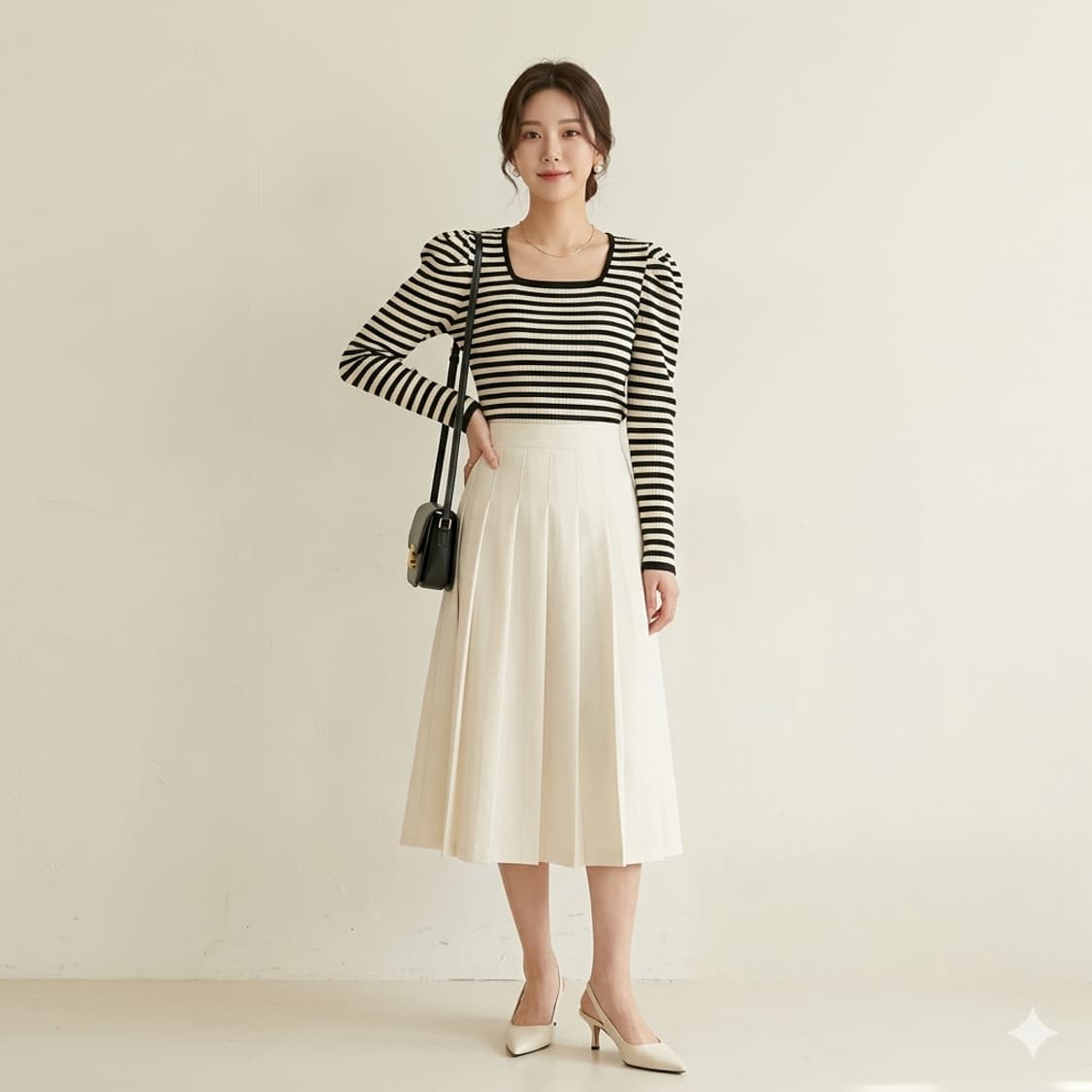 비뮤즈맨션 스퀘어넥 스트라이프 퍼프 티셔츠 상품이미지1