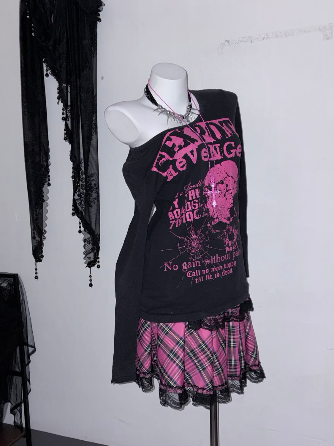 섹스팟리벤지 핫핑크 해골 롱슬리브 스컬 갸루펑크 00s 상품이미지3