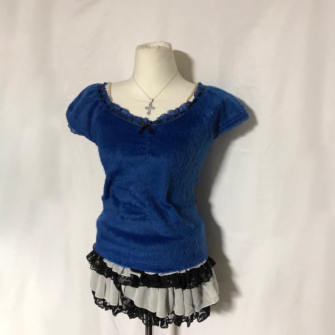 리본 퍼 퍼프 슬리브 탑 블루 상품이미지5