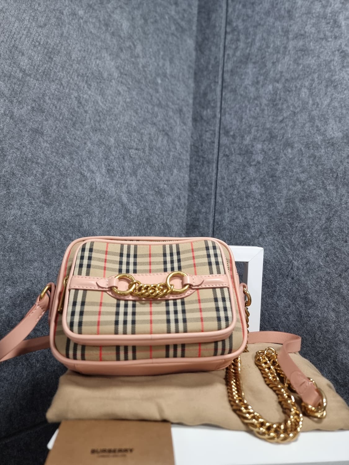 버버리 빈티지 체크 코튼 핑크 링크 체인 카메라백 상품이미지2