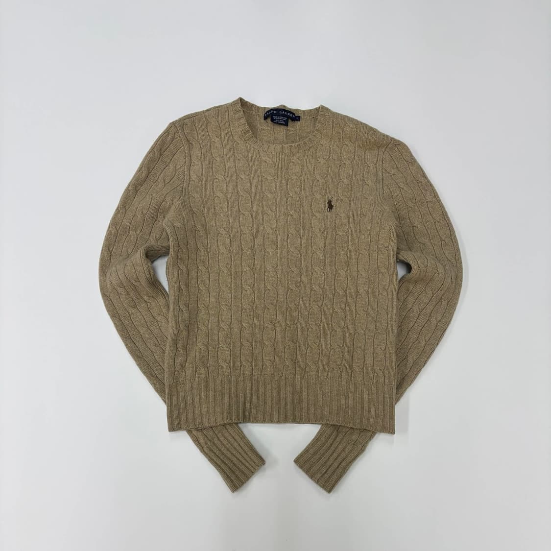 폴로 랄프로렌 울 캐시미어 베이지 핀터깔 케이블 걸즈 크루넥 니트(L) 상품이미지2