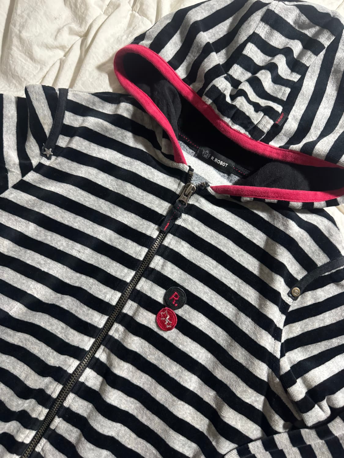 일본 빈티지 갸루 펑크 뱃지 디테일 스트라이프 슬림핏 후드집업 키치 상품이미지4