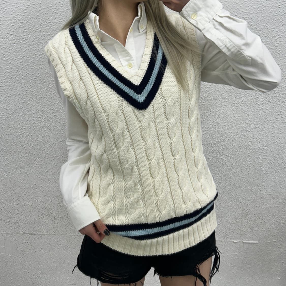 폴로 랄프로렌 소라 단가라 화이트 나시 꽈배기 니트 M 상품이미지1