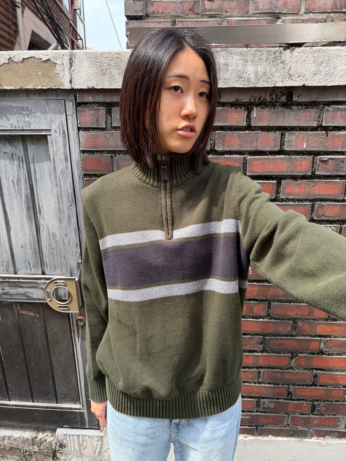 Eddie Bauer 올리브 스트라이프 하프집 니트 M 상품이미지3