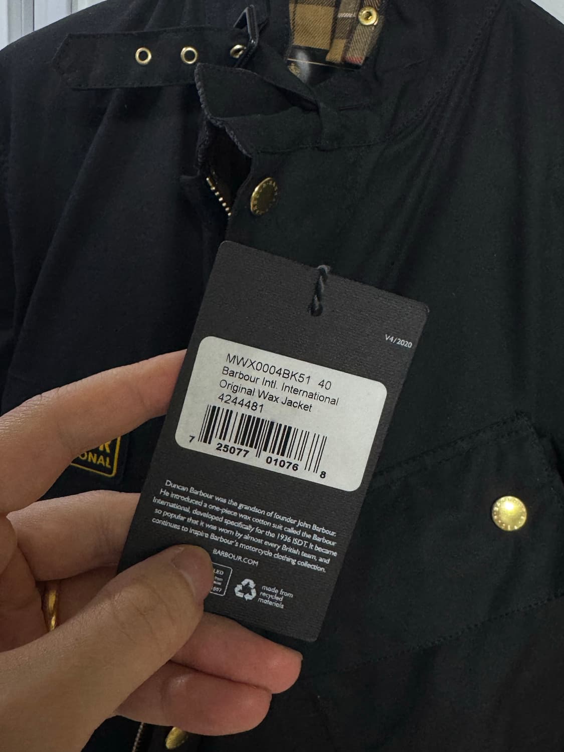 바버 인터내서널 a7 오리지널 왁스 자켓 블랙 40 새상품 판매합니다 상품이미지8