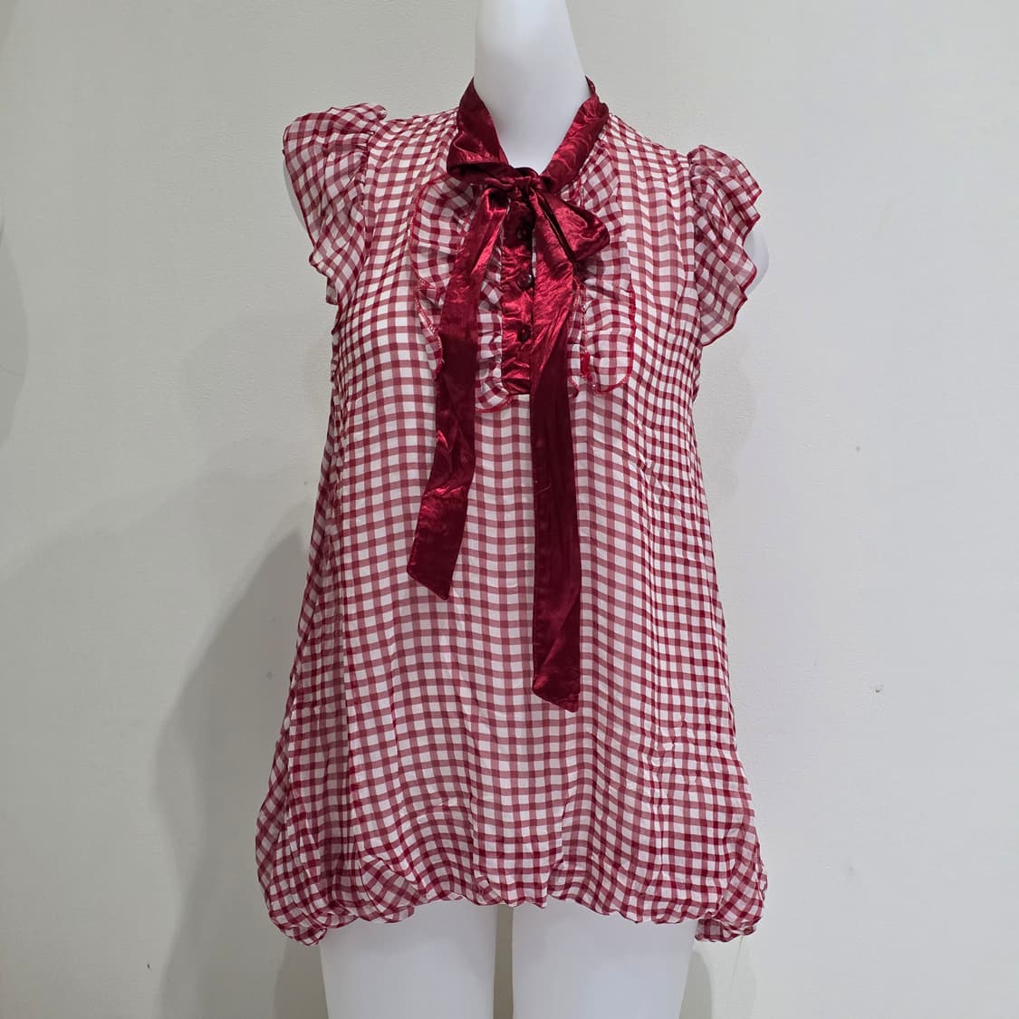 빈티지)스즈코 모리걸 레드벌룬 체크리본 로맨틱갸루 레이어드 프릴블라우스 상품이미지3