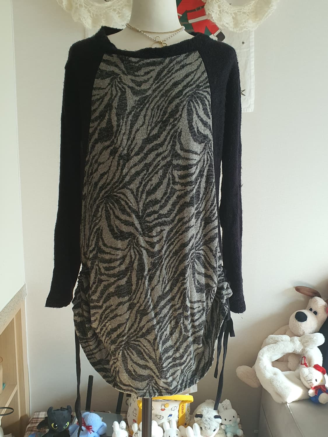 [갸루] 블랙/제브라 패턴 롱 니트 원피스 상품이미지2