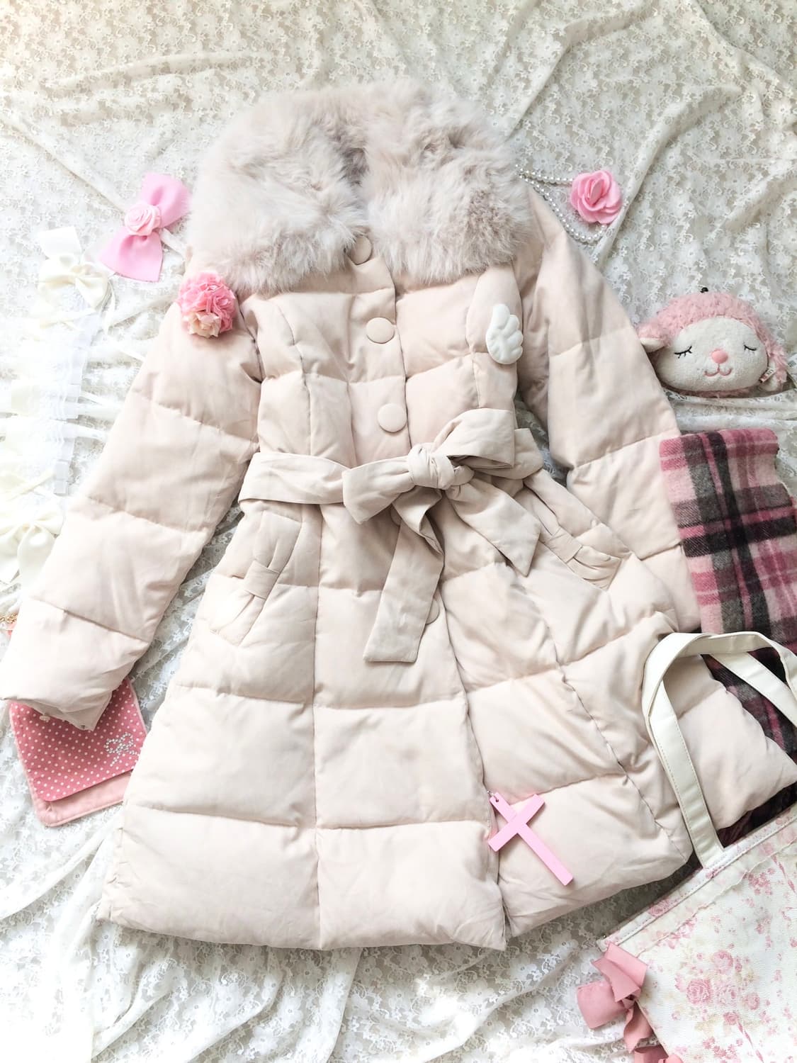 Vintage lovely ribbon pocket fur padding 상품이미지2