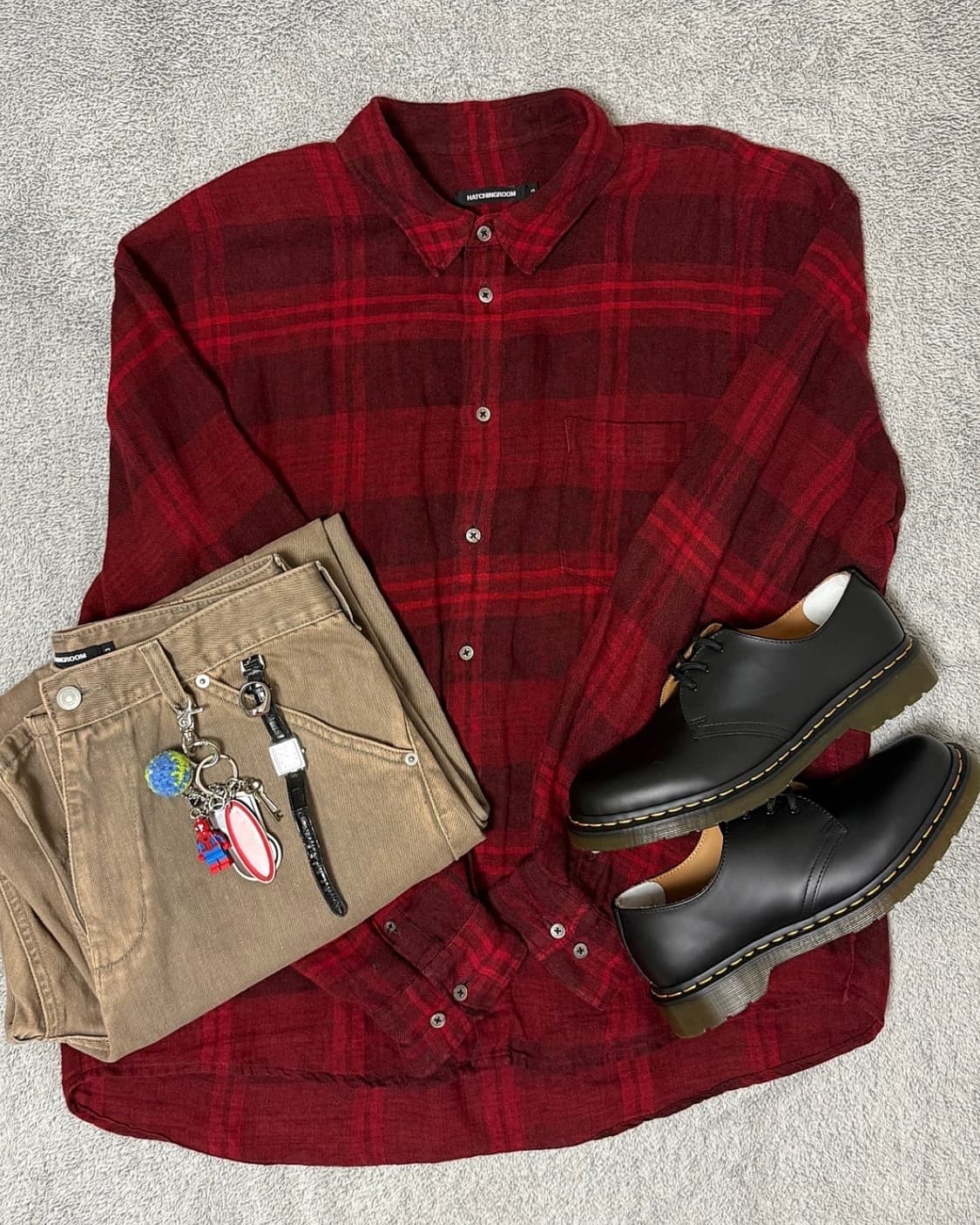 [3]해칭룸 클래식 셔츠 린넨 빅 체크 다크 레드 상품이미지7