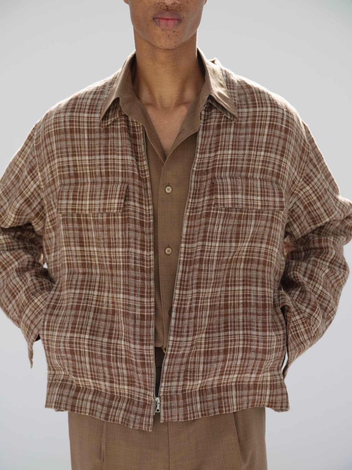 오라리 체크 린넨 실크 블루종 자켓 상품이미지3