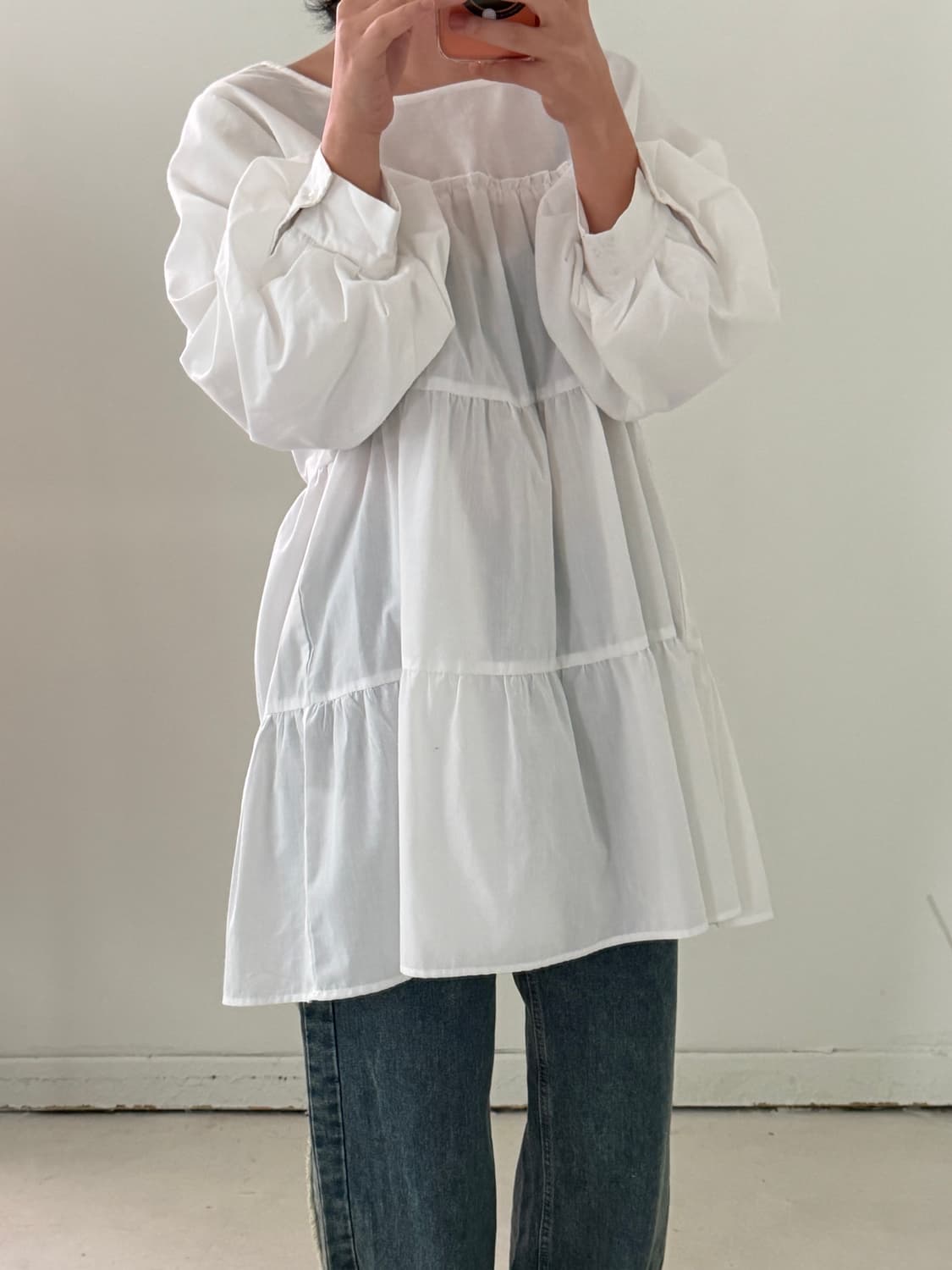일본빈티지 화이트 퍼프 프릴 블라우스 원피스 상품이미지1