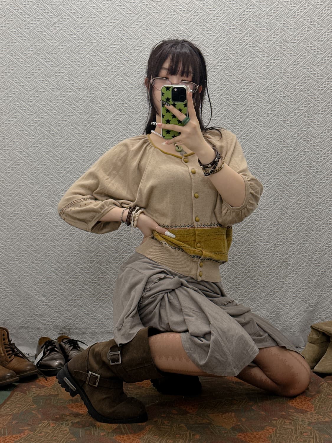 빈티지 모리 코지룩 퍼프 반팔 세미크롭 콩버튼 잔꽃 가디건 K0032 상품이미지1