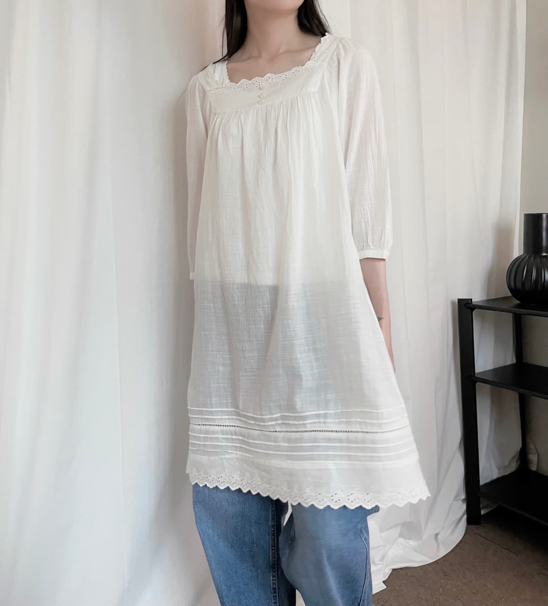 Square Neck Cotton Lace Blouse - White 상품이미지2