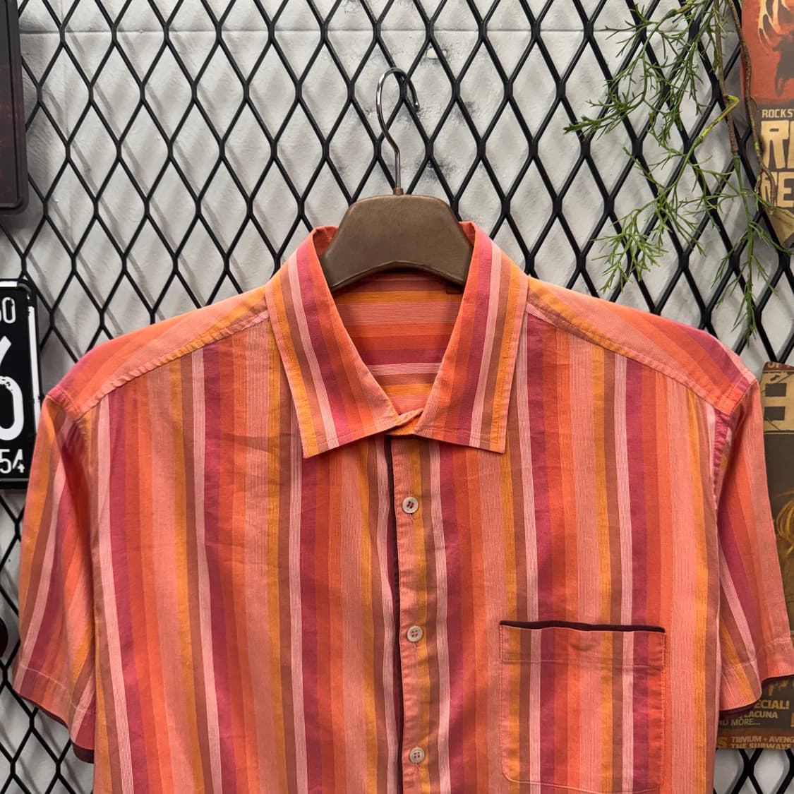 90s 미쏘니 스트라이프 반팔 셔츠 전면 원포켓 포인트 오렌지코랄 상품이미지3