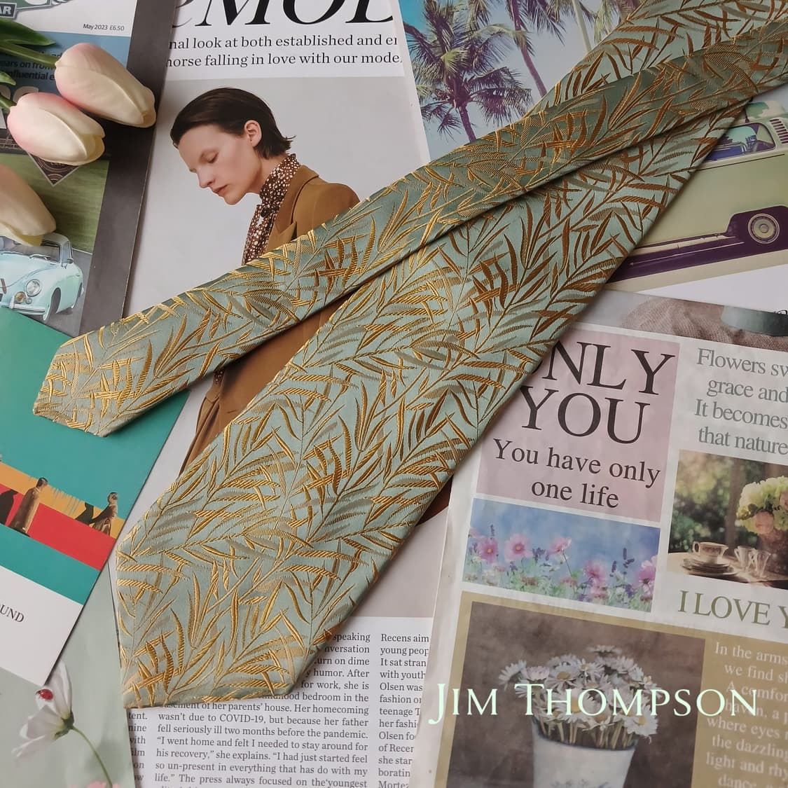 짐톰슨 실크 옐로우 자수 패턴 넥타이 9.9cm A+등급 A19778 상품이미지1