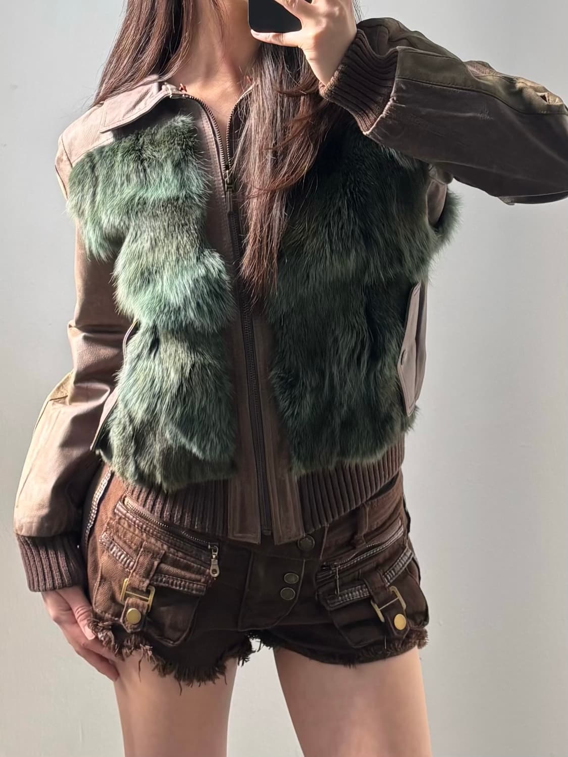 Vintage Brown Green Fur Leather Jacket 상품이미지7