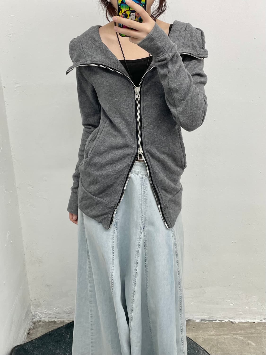 차콜 하이넥 투웨이 후드집업 상품이미지4