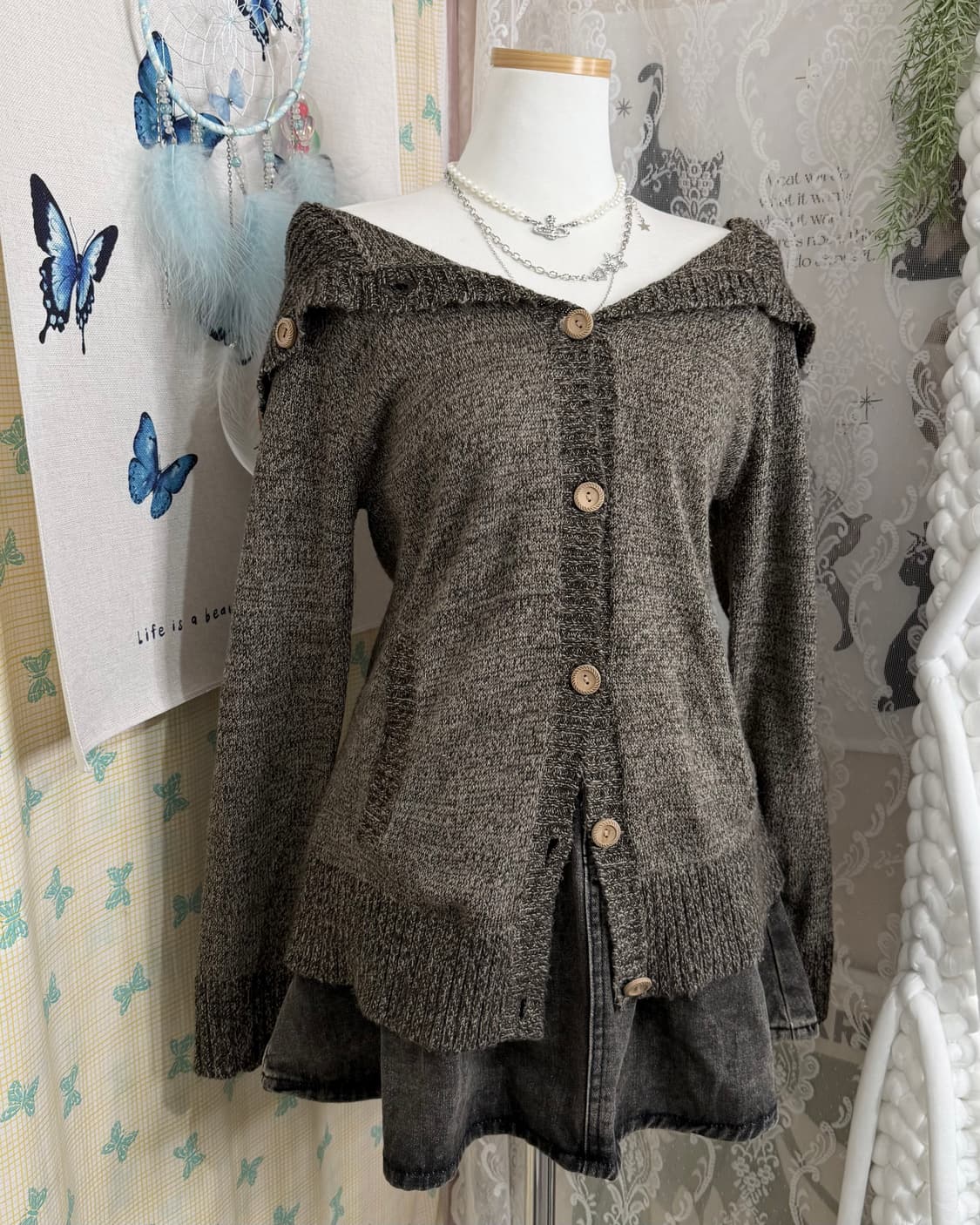 브라운 우드 버튼 빅 카라 가디건 상품이미지6