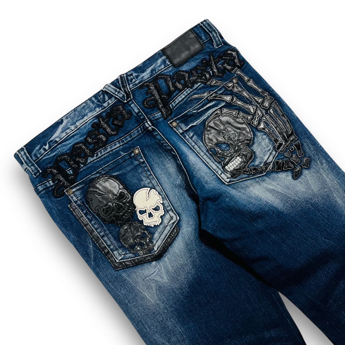 펑크 Pasta Denim 스켈레톤 핸드 아트 데님 팬츠 상품이미지3