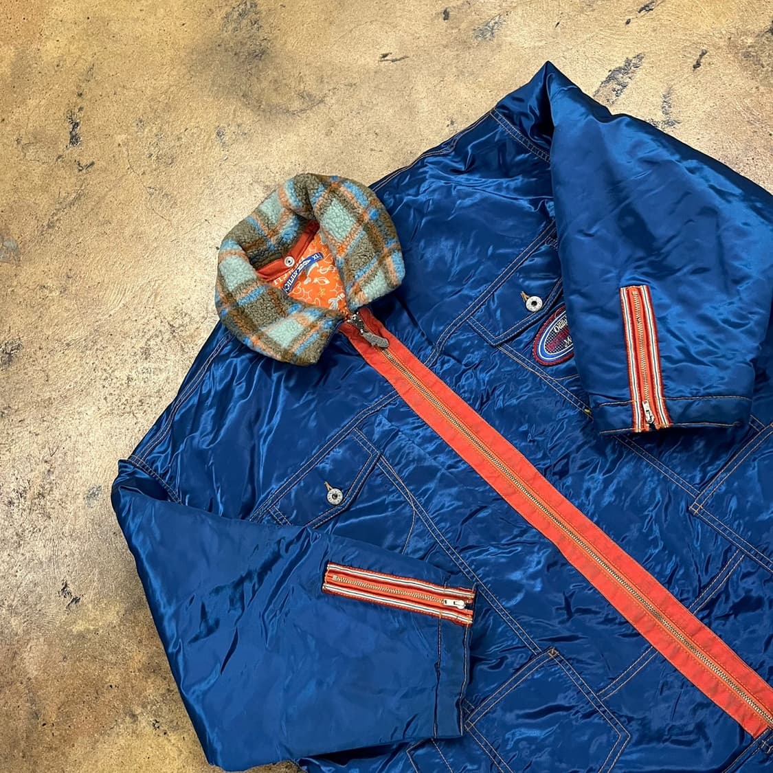 [정품/XL] 오일릴리 블루 퀼팅 자켓 체크 칼라 빈티지 스타일 b16 상품이미지1