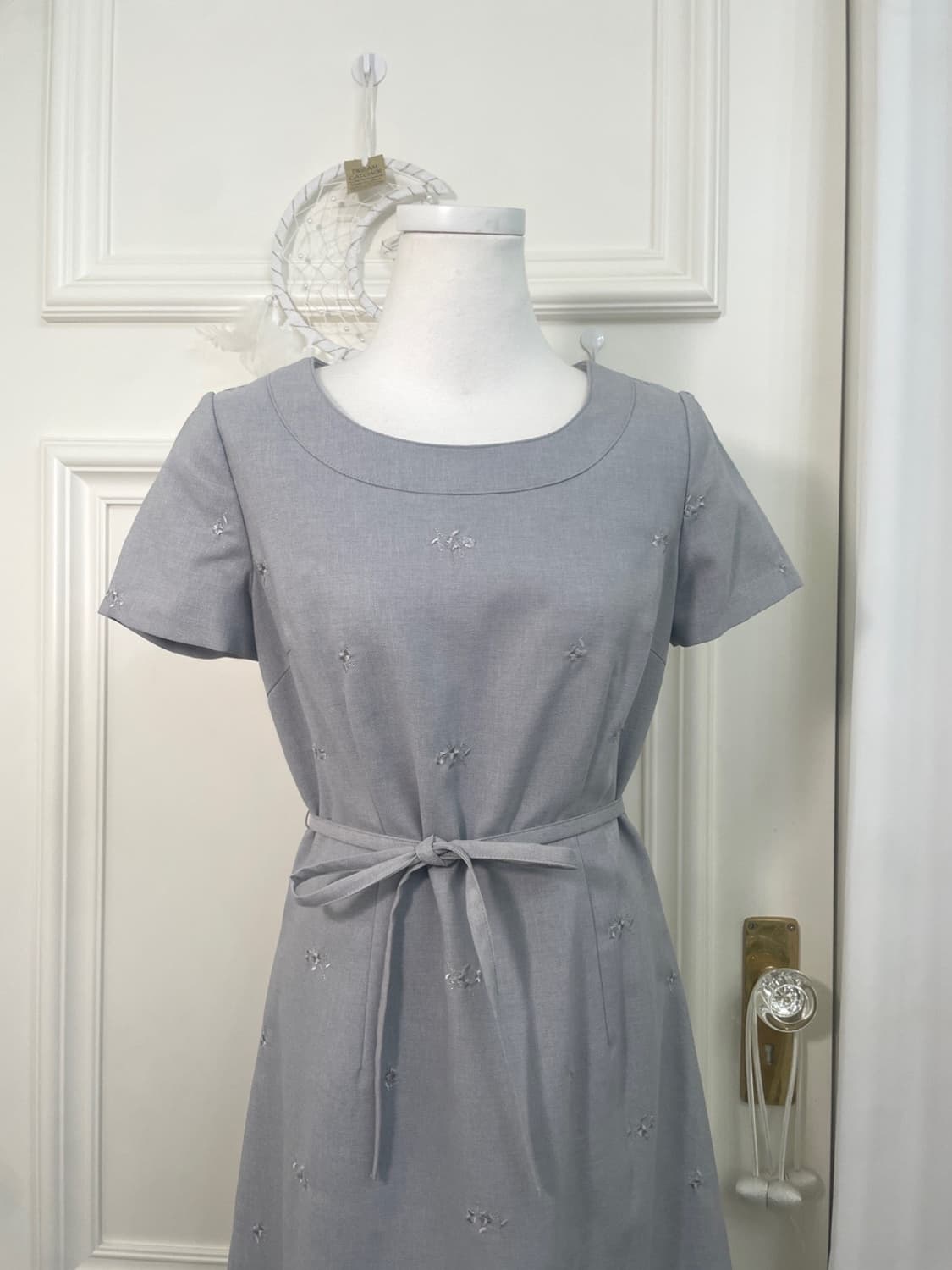 graish blue flower embroidery bow belt o 상품이미지5