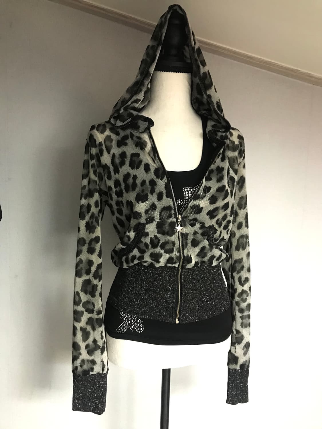 Leopard Mesh Glitter Zip-up Hoodie 상품이미지1