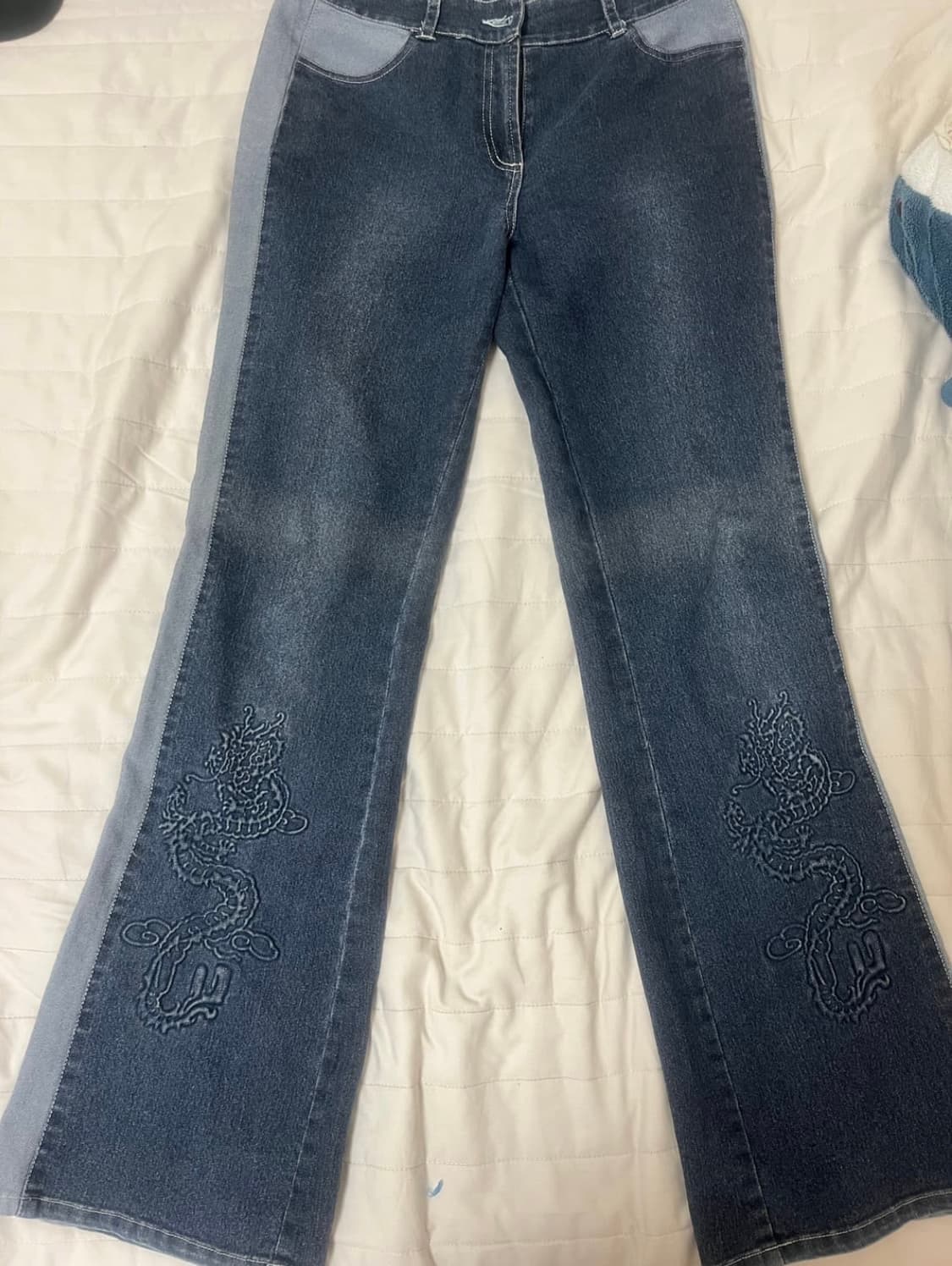 와이즈걸 오리엔탈 그런지 페어리 y2k 용 자수 데님 팬츠 상품이미지1