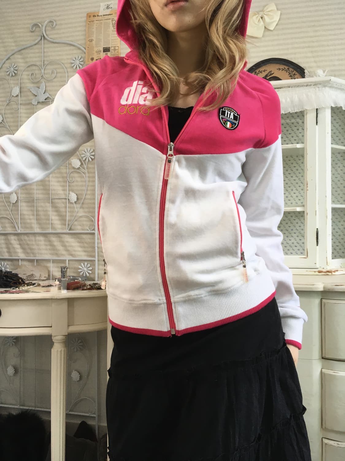 일본빈티지 디아도라 벨루아 핑크 화이트 후드 집업 상품이미지2