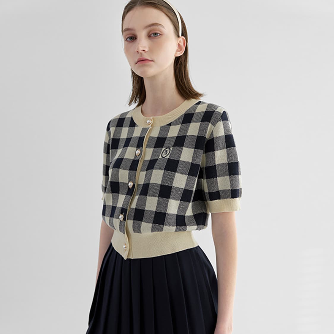 나인 아뜰리에나인 도로시 썸머 깅엄 체크 반팔 크롭 가디건 니트 F 상품이미지2