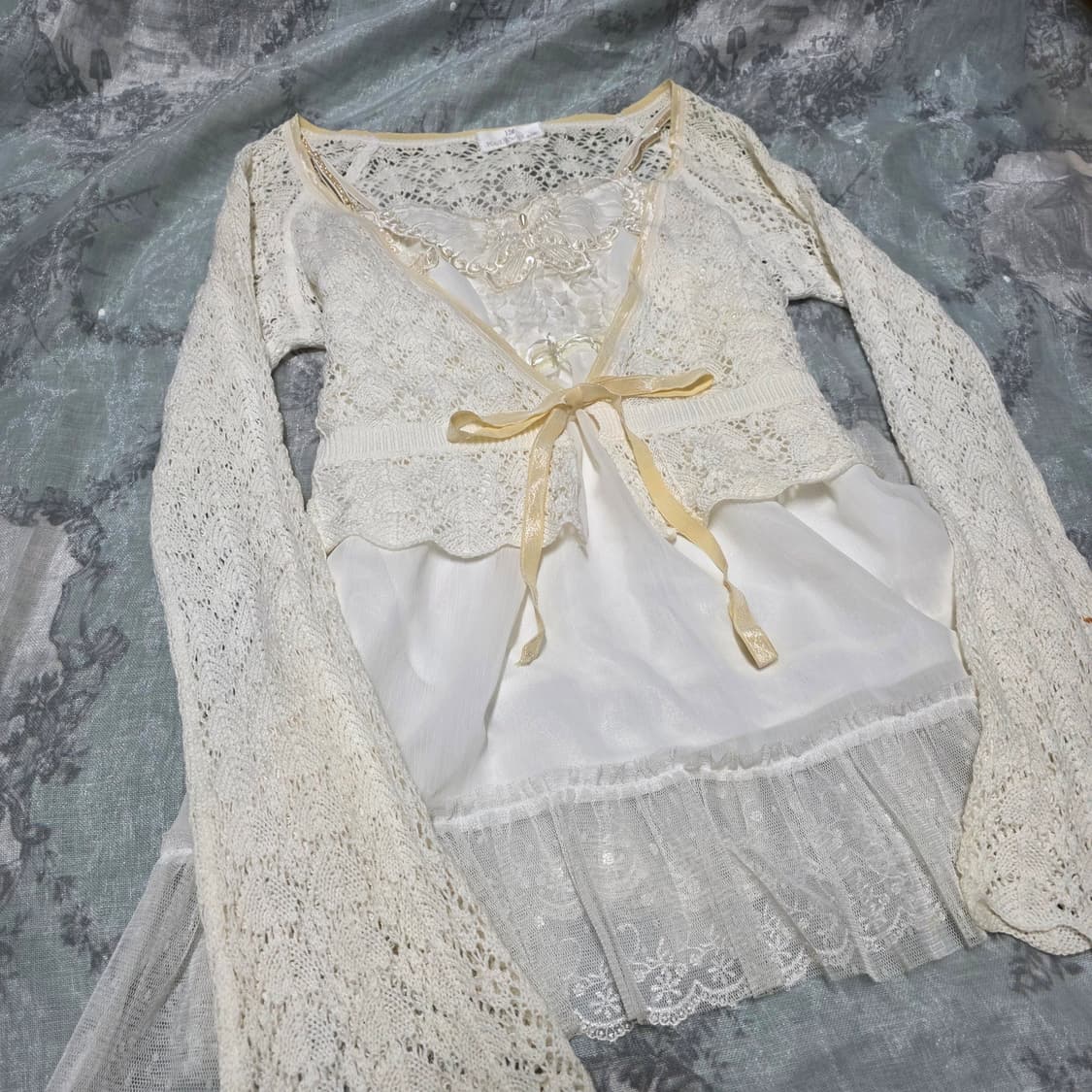 빈티지 리즈리사 나비 슬리브리스 나시 퍼 가디건 페어리 모리 코디셋 상품이미지3