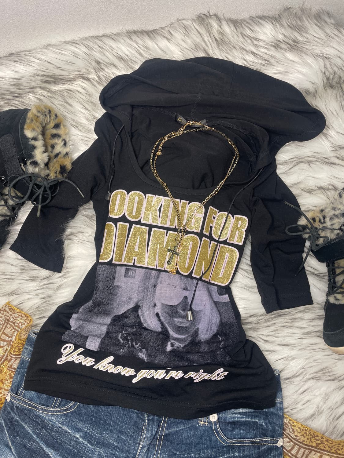 빈티지 갸루 골드 블랙 후드티 상품이미지3