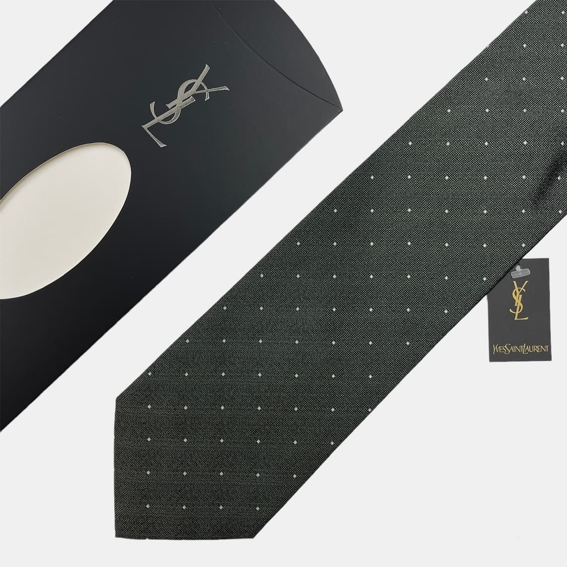 정품 명품 입생로랑 넥타이 9.5cm 카키 컬러 도트 상품이미지1