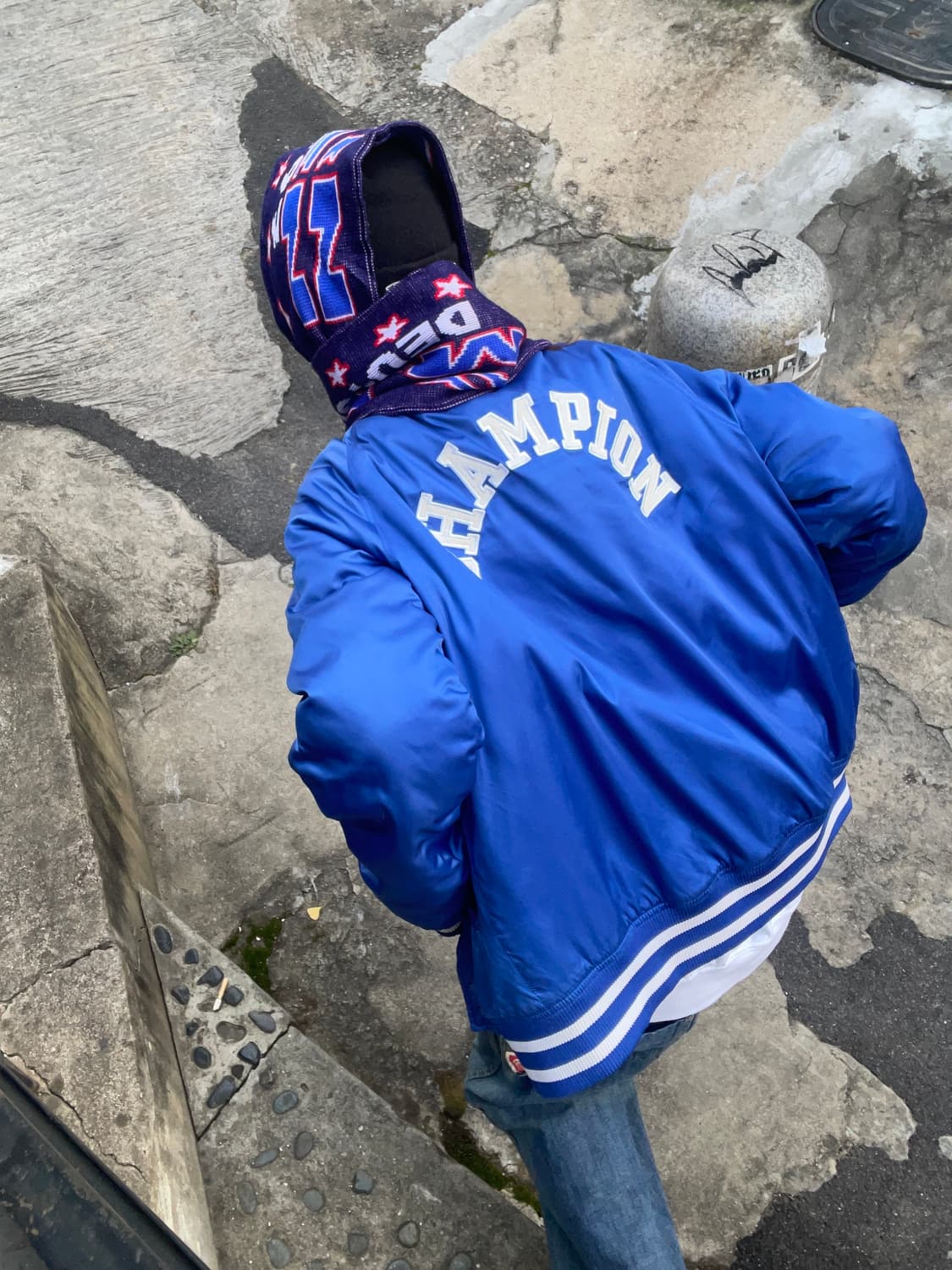 챔피온 블루 화이트 새틴 자켓 올드스쿨 스트릿 코디 세트 상품이미지4