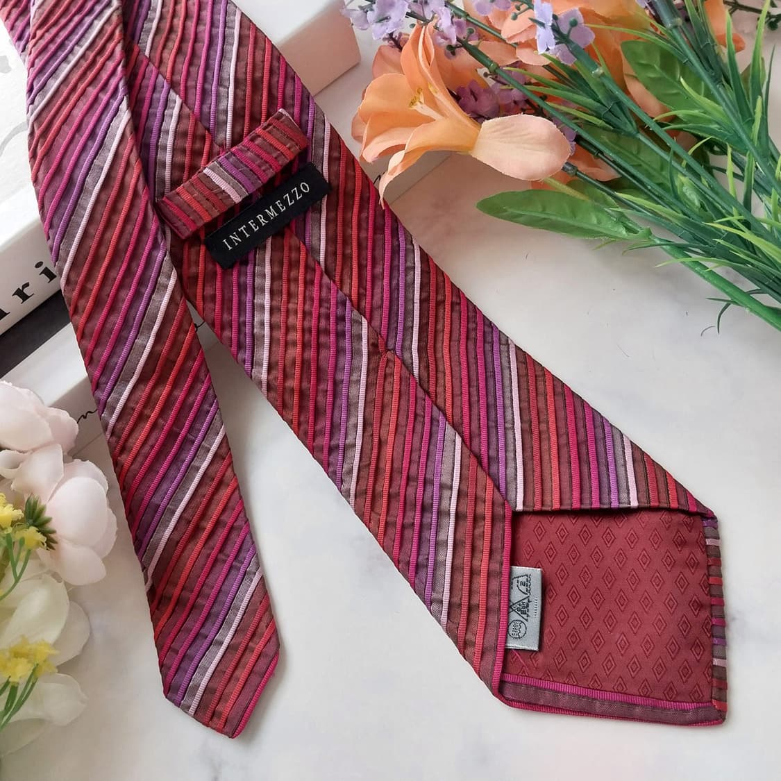 인터메조 실크 레드&핑크 스트라이프 넥타이 8.8cm A+등급 K1272 상품이미지5
