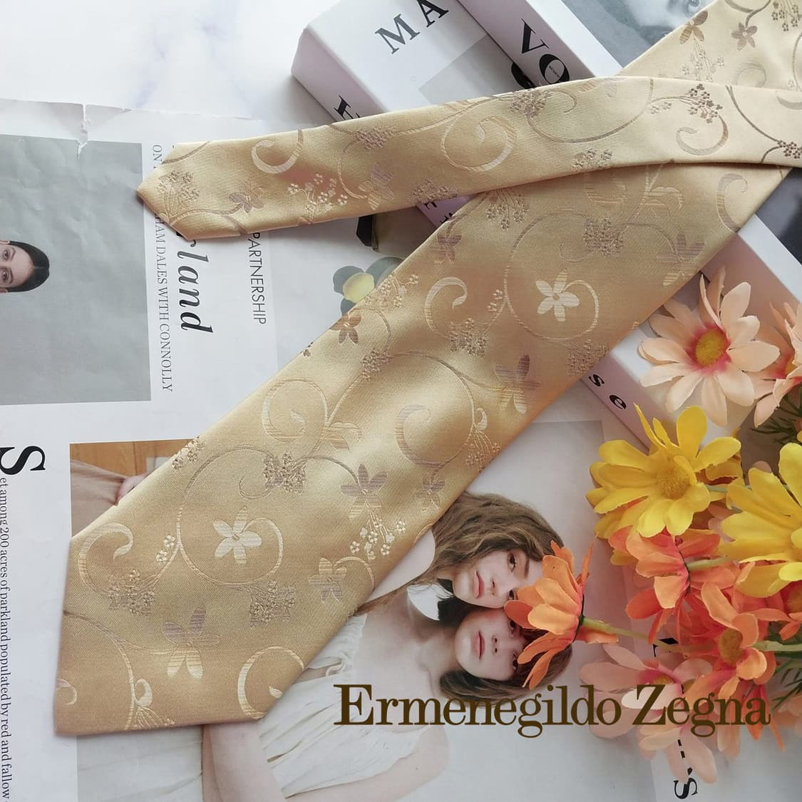 에르메네질도 제냐 골드 플라워 자수 넥타이 9.3cm A+등급 K2568 상품이미지2