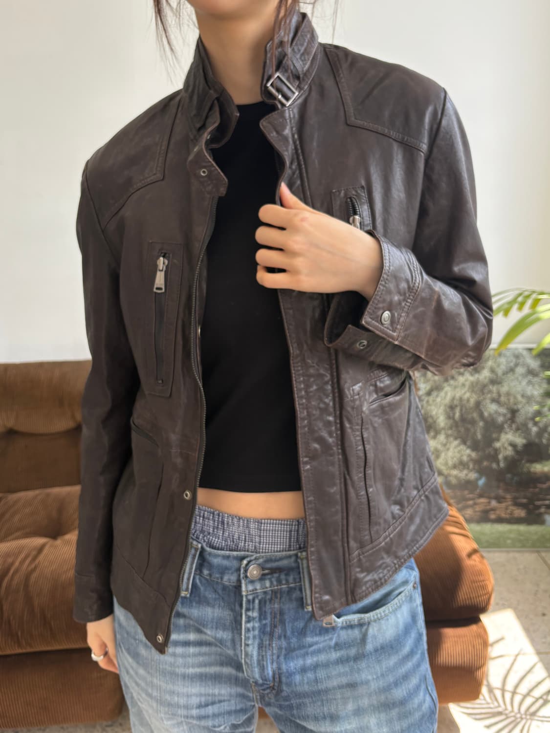 슬림 하이넥 레더 자켓 상품이미지1