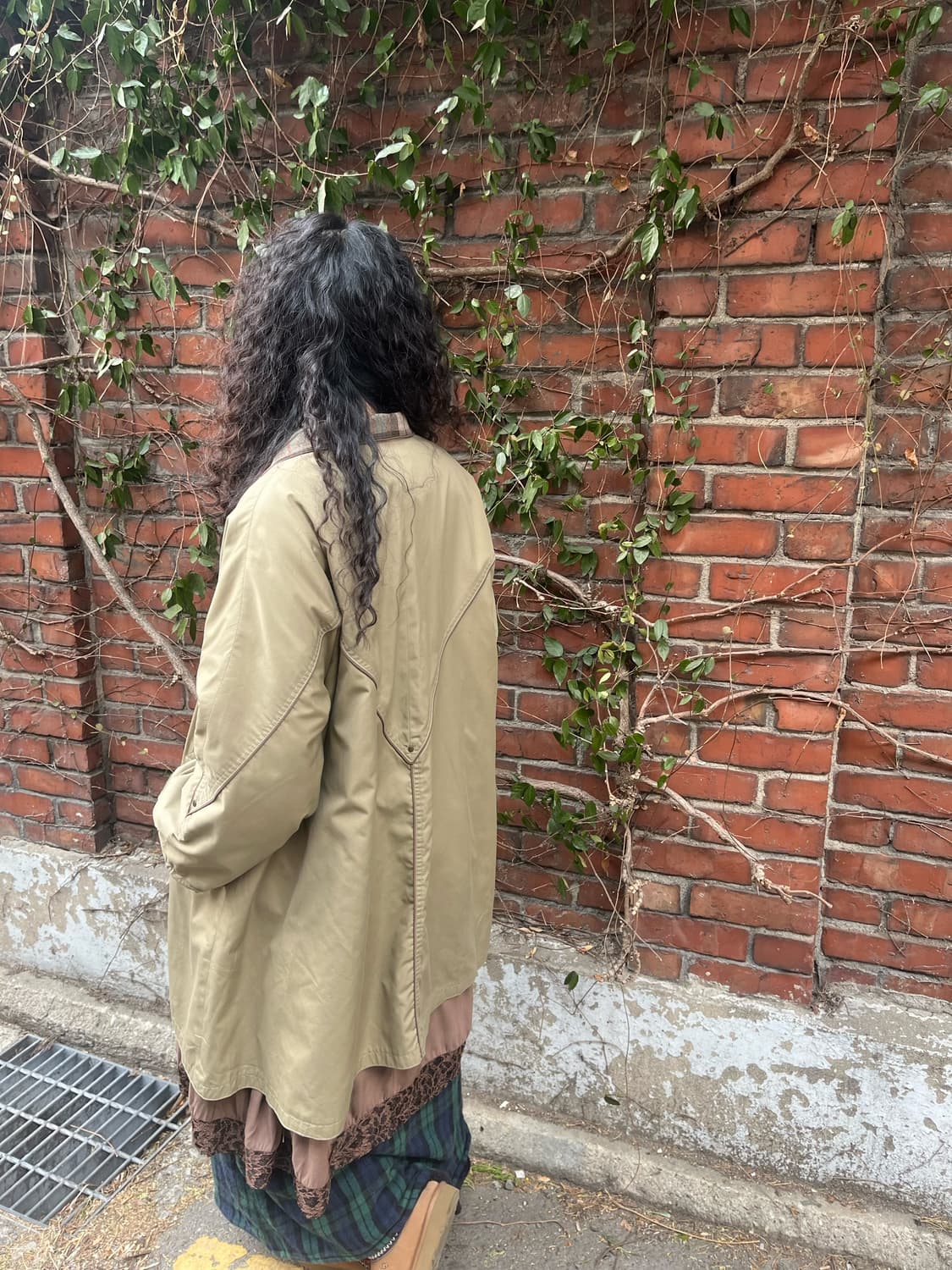 카키&그린 체크 패턴 양면 롱 재킷 상품이미지3