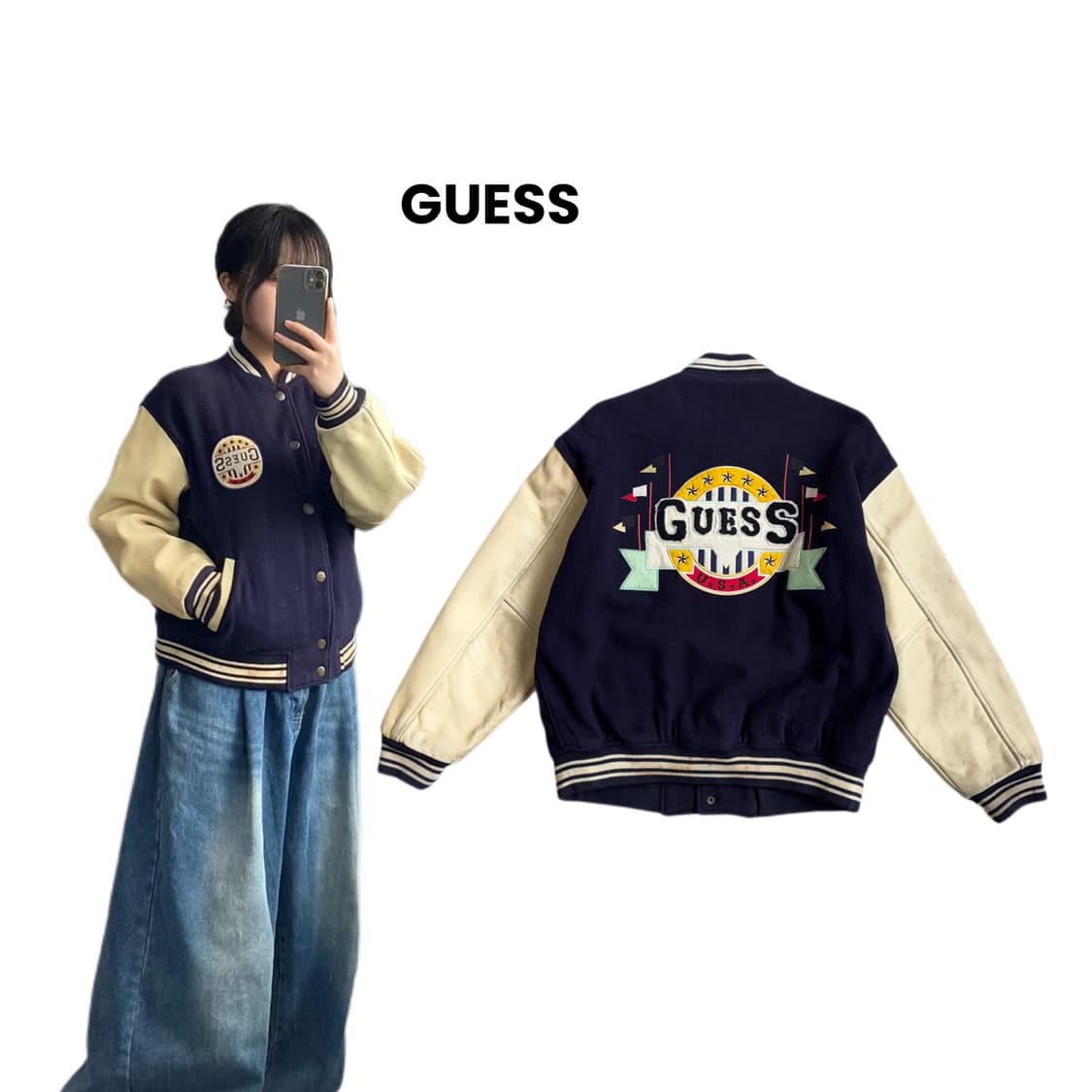 게스 90s 소가죽 암레더 올드스쿨 빅로고 바시티 자켓 상품이미지1