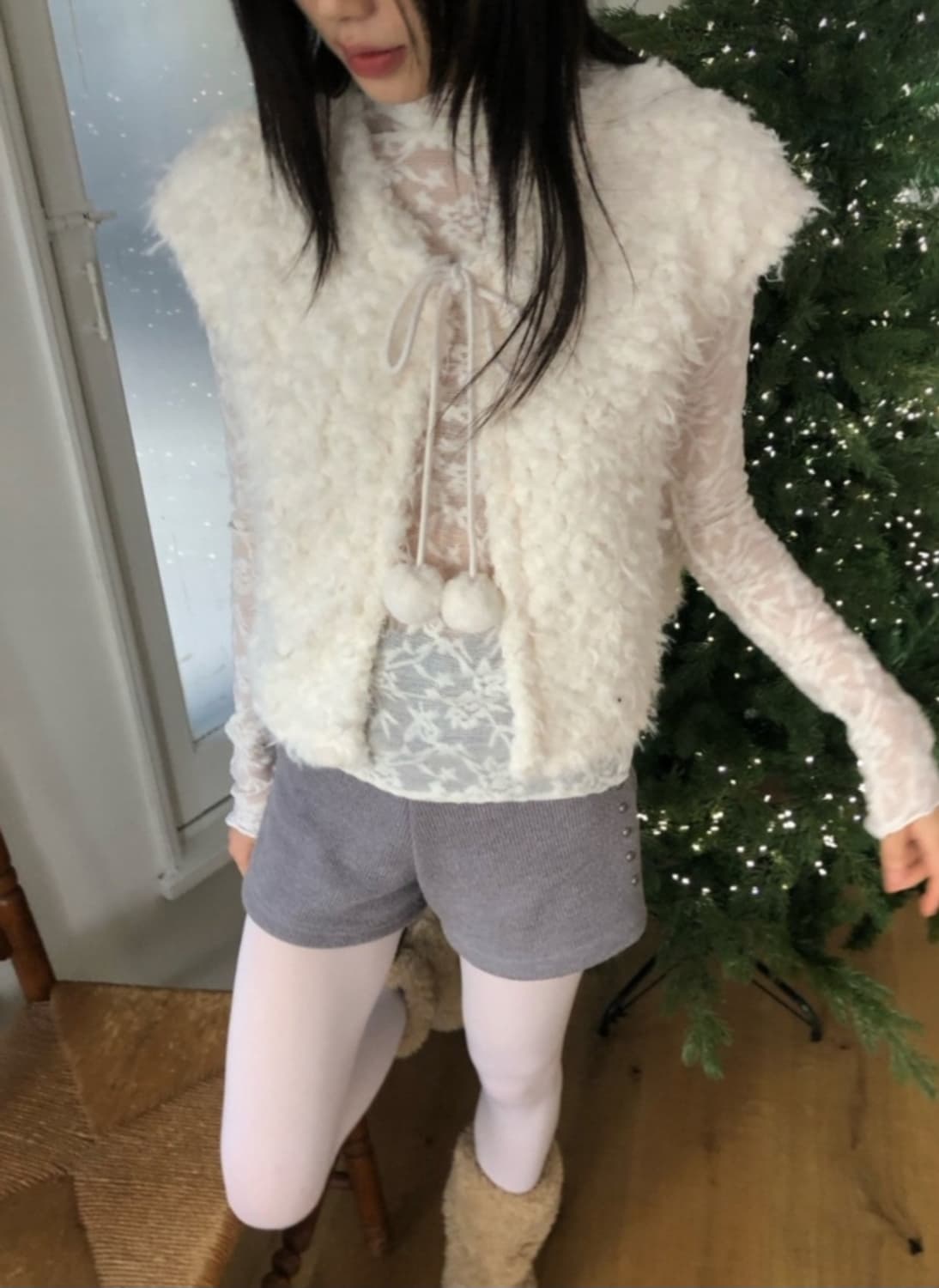 vintage 엔젤 링 폼폼  퍼 가디건 (ivory) 상품이미지2