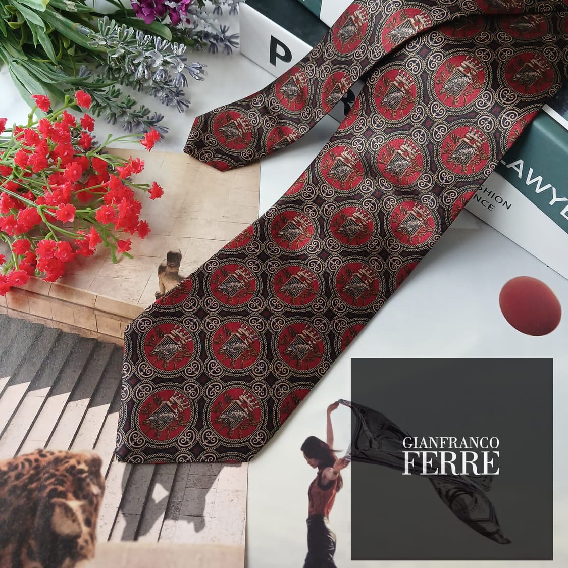 지안프랑코 페레 와인 매 모티브 패턴 넥타이 9cm S~A+등급 E928 상품이미지2