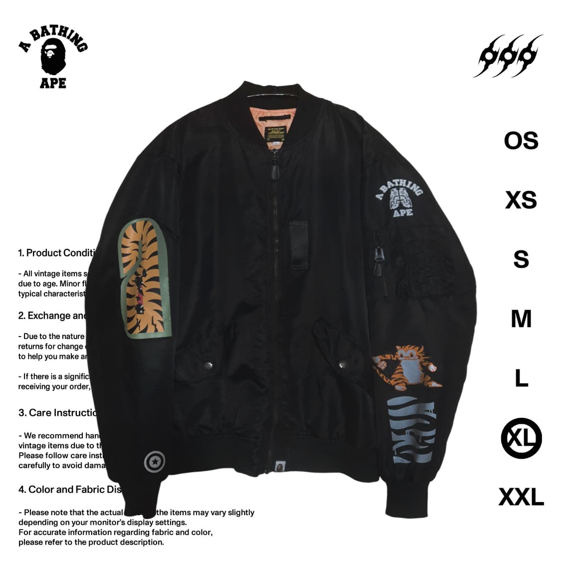 베이프 MA-1  타이거 샤크 XL사이즈 봄버자켓 상품이미지1
