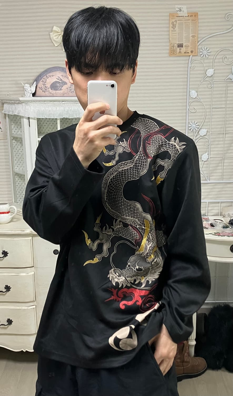 빈티지 오리엔탈 골든 펄 드래곤 긴팔 898 y2k 스트릿 모리 갸루 일 상품이미지1