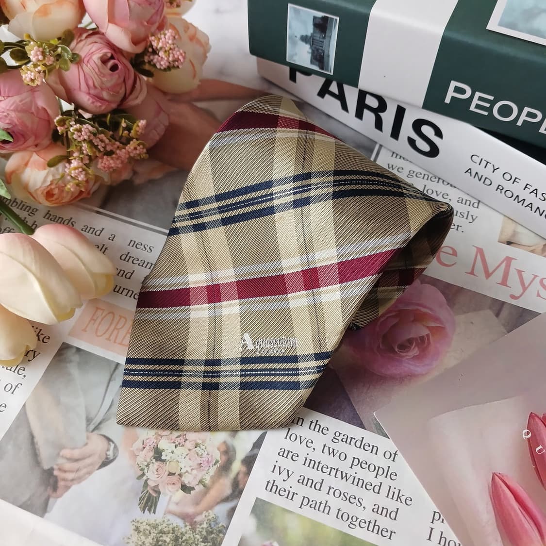 아쿠아스큐텀 실크 베이지 체크 넥타이 9.6cm A등급 E730 상품이미지3