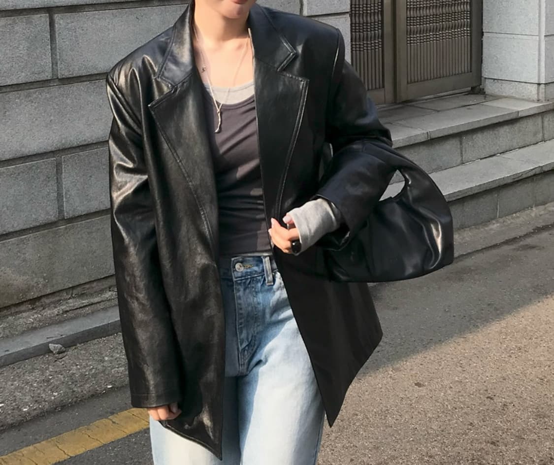 르 오버핏 레더 자켓 블랙 상품이미지1