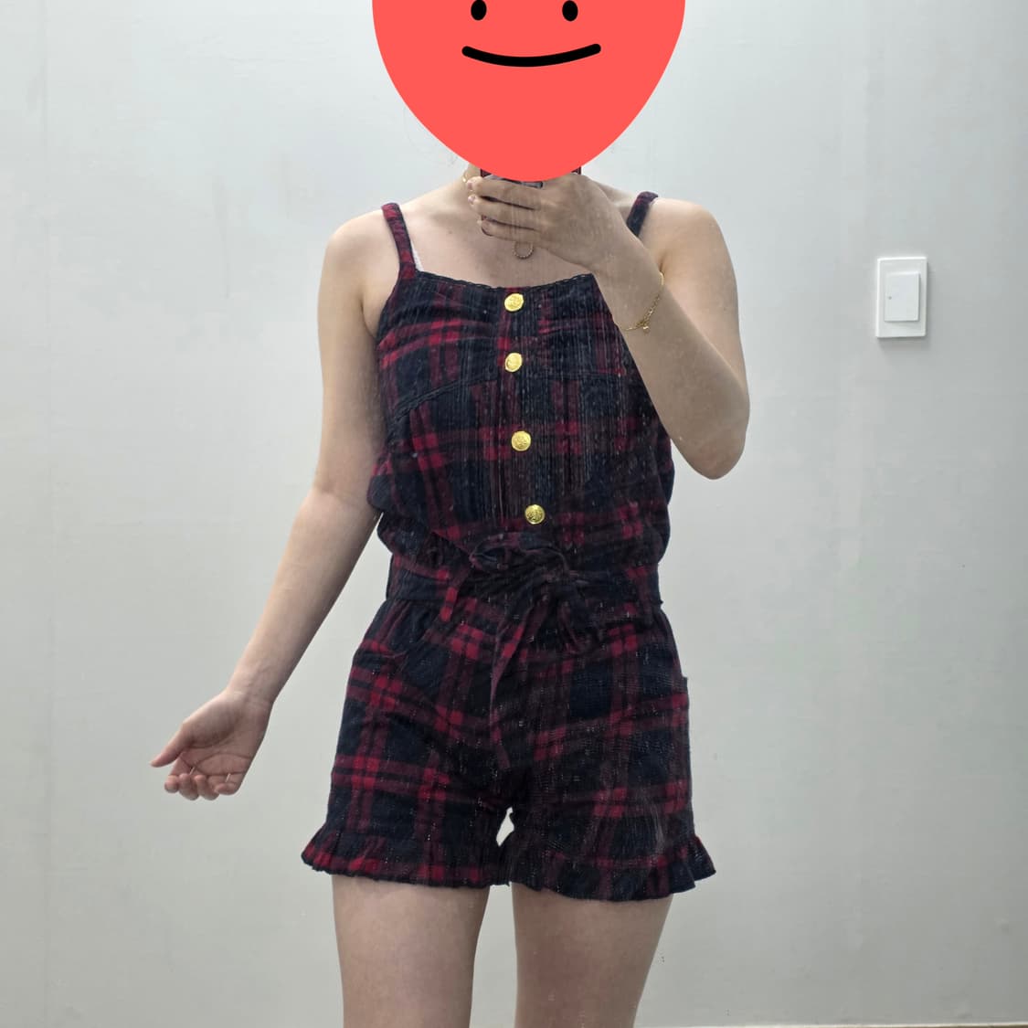 일본빈티지)오네갸루 캐캐체 레드블랙 타탄체크 리본 고딕 멜빵큐롯롬퍼 상품이미지3