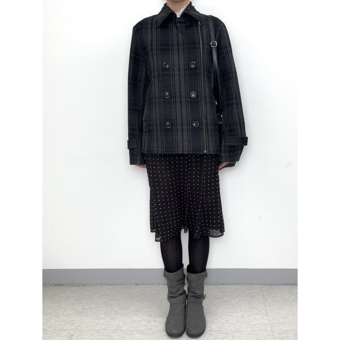 빈티지 그레이 체크 울 하프 더블코트 자켓 상품이미지2
